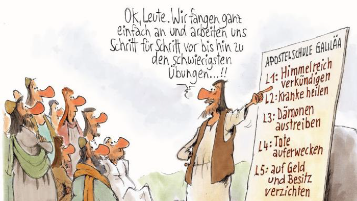 Ein humorvoller Cartoon, der Jesus zeigt, wie er seinen Jüngern einfache Schritte für fortgeschrittene spirituelle Übungen erklärt.