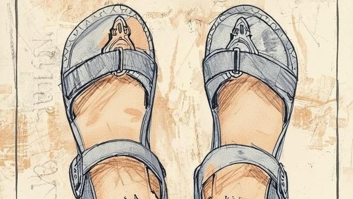 Håndtegnet illustration af to personlige sandaler med navnene 