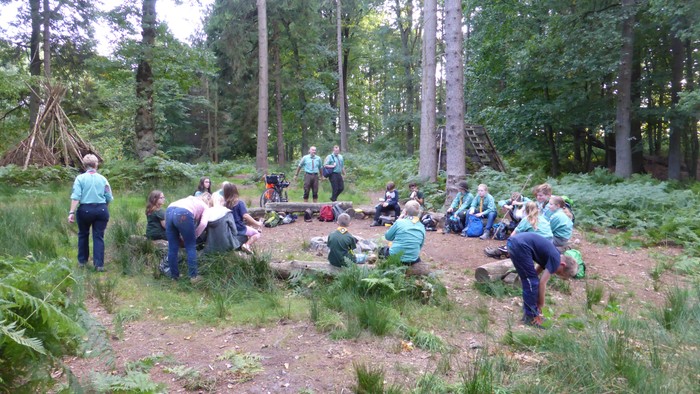 Eine Gruppe von Menschen sitzt und steht in einem Wald, einige tragen grüne Hemden.