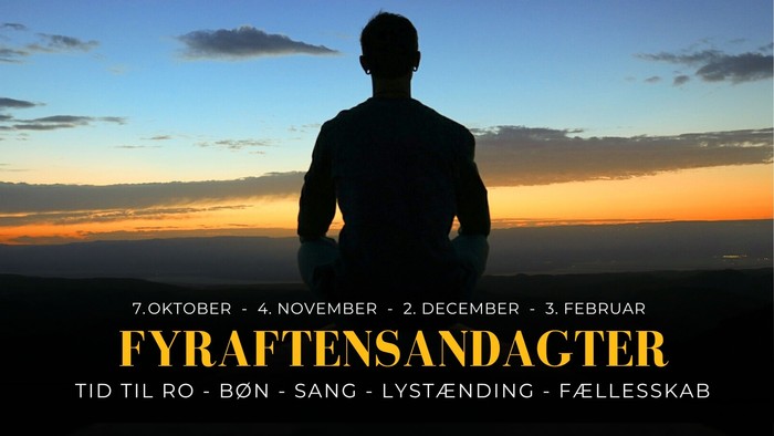 Reklameplakat for aftengudstjenester på bestemte datoer med solnedgangsbaggrund og eftertænksom figur.