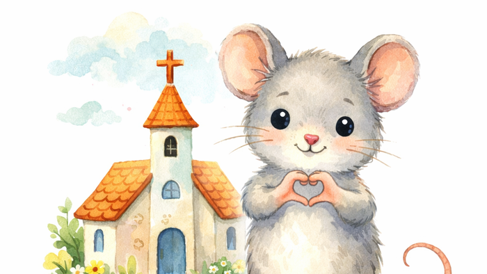 Niedliche Cartoon-Maus namens Kirchenmaus, die mit einer herzförmigen Pose vor einer Kirche steht.