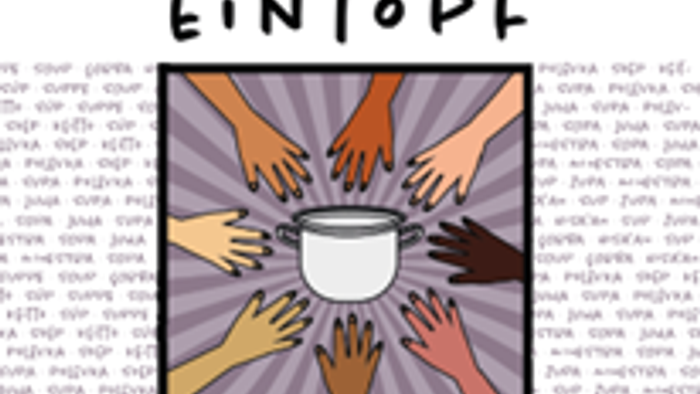 Abbildung eines Bechers, zu dem mehrere Hände greifen, beschriftet mit *„EINTOPE“*.