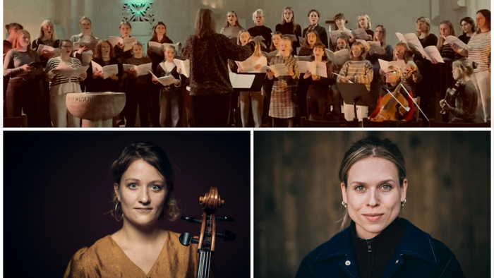 Et historisk musikensemble optræder med to nærbilleder af kvindelige musikere i tidstypisk påklædning.
