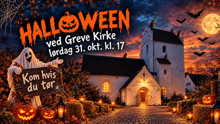 Halloween-arrangementplakat med en uhyggelig kirke med græskarhoveder og et spøgelse, planlagt til den 31. oktober ved Greve Kirke.