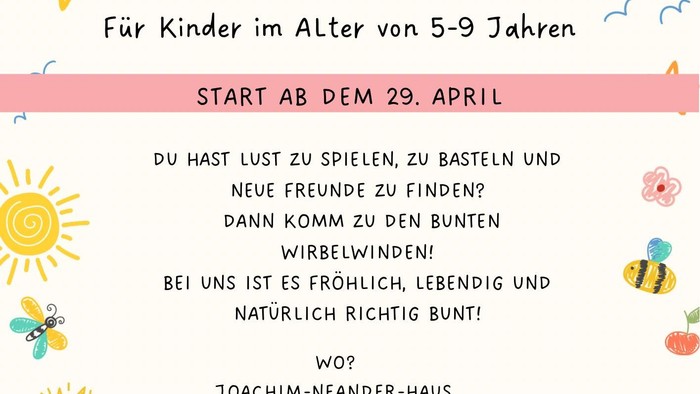 Bunter Aushang für eine Kinder-Spielgruppe ab dem 29. April für Kinder von 5 bis 9 Jahren, die mittwochs in Erkarth stattfindet.