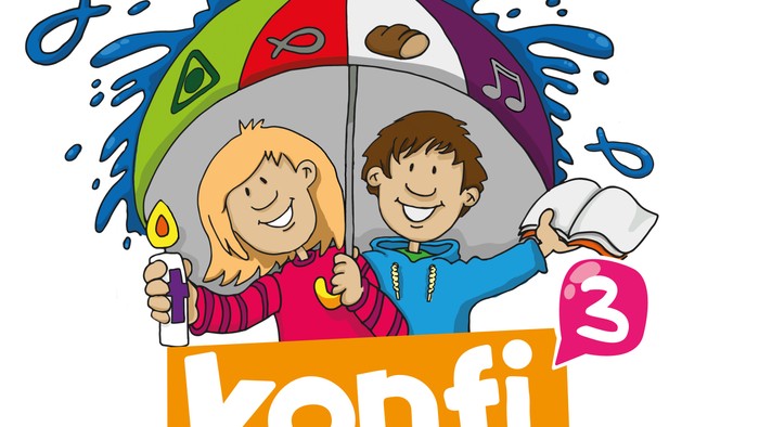 Zwei Kinder unter einem bunt gestreiften Regenschirm mit verschiedenen Symbolen, darunter eine Kerze, ein Fisch, ein Musiknoten und ein Buch. Das Mädchen hält eine Kerze, das Kind ein Buch. Der Text darunter lautet 