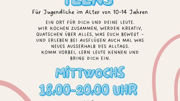 Neander Teens-Veranstaltungsflyer für 10- bis 14-Jährige mit kreativen, koch- und geselligen Aktivitäten mittwochs ab dem 29. April.
