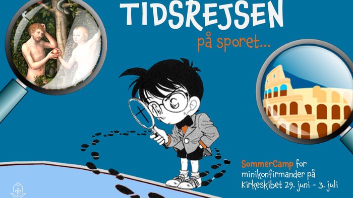 Et sjovt sommerlejr-plakat til børn med en detektiv, der udforsker historiske skatte med et forstørrelsesglas.