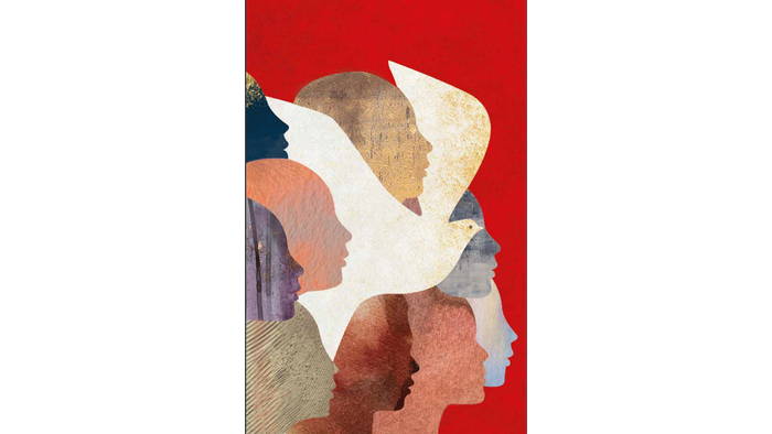 Verschiedene Silhouetten bilden eine Taube, die Einheit und Frieden symbolisiert, vor einem kräftigen roten Hintergrund.