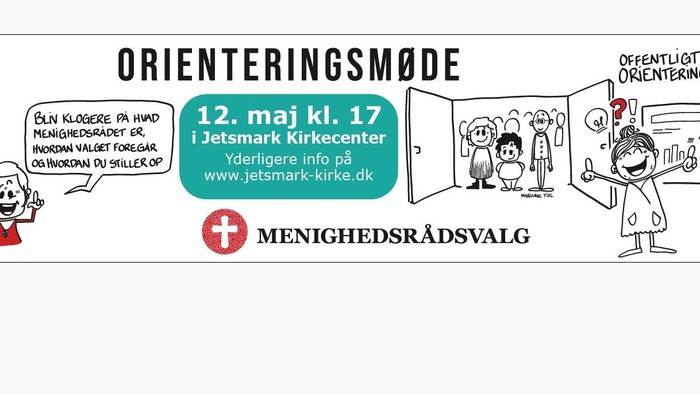 Informationsplakat om orienteringsmøde og menighedsrådsvalg på Jetsmark Kirkecenter den 12. maj.