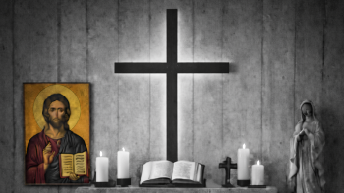 Zwei Personen meditieren oder beten in einer feierlichen Kapelle mit religiösen Ikonen und Kerzen.