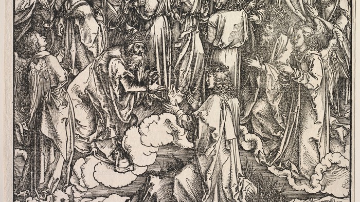 Kompleks renæssancegravure, der skildrer bibelsk opstandelse og himmelsk himmelfart med talrige figurer.