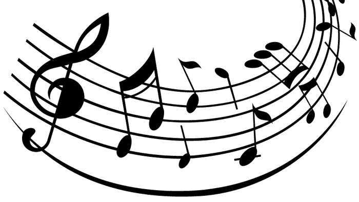 Abstrakte musiknoder, der danner en flydende, hvirvlende komposition i elegante hvide linjer mod sort baggrund.