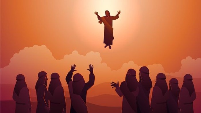 Figure ascends into sky while crowd watches.