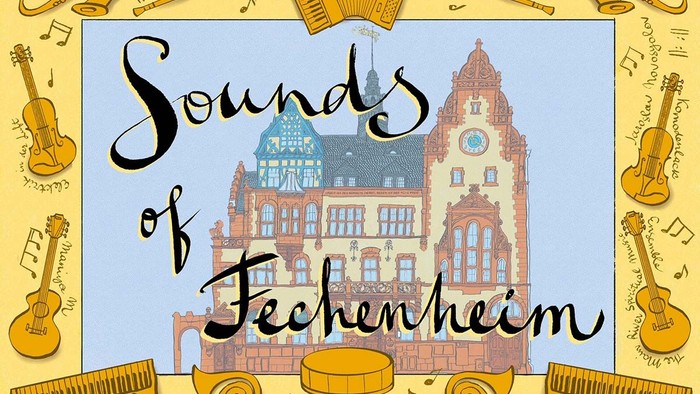 Illustriertes Plakat, das das musikalische Erbe Fechenheims mit Vintage-Instrumenten und einem historischen Gebäude feiert.