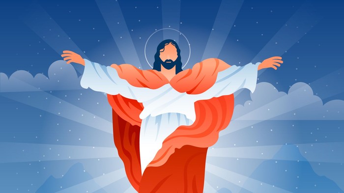 Jesus Christus schwebt im Himmel mit ausgebreiteten Armen