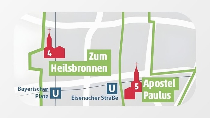 Kartenausschnitt mit U-Bahn-Stationen in Schöneberg und den beiden Kirchen Zum Heilsbronnen und Apostel-Paulus