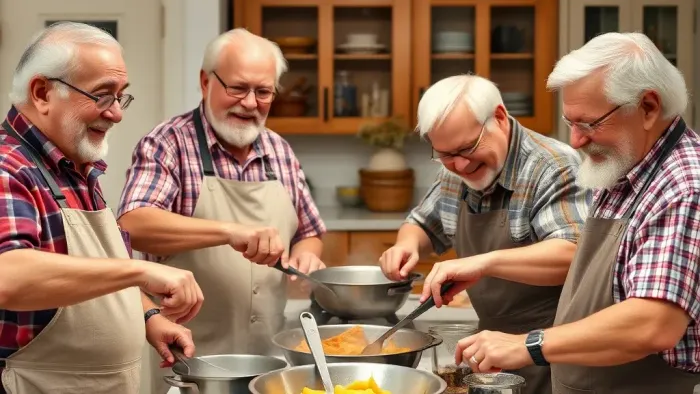 Kochende Männer. Grauhaarig. Vergnügt.