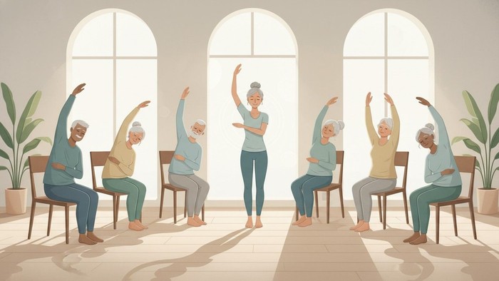 Eine Gruppe Senioren nimmt an einer fröhlichen Gymnastikstunde mit Armdehnungen und Lächeln teil.