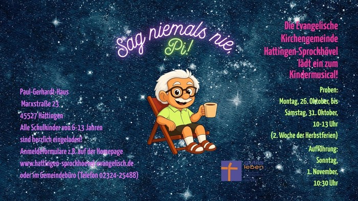Einladungsplakat für eine musikalische Kinderveranstaltung mit dem Titel *„Sag niemals nie Pi!“* in Hattingen, Deutschland.