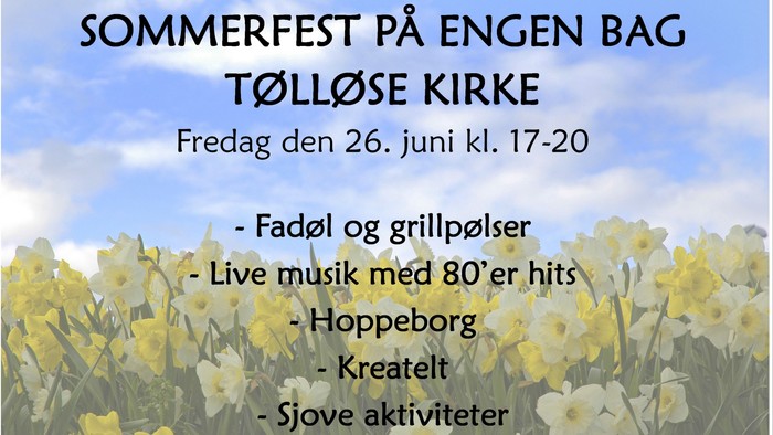 Sommerfest-flyer ved Tølløse Kirke med mad, musik, lege og aktiviteter den 26. juni kl. 17-20.