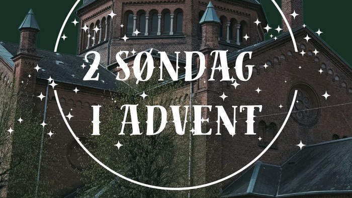Kirkebygning med tekst ”2. SØNDAG I ADVENT” og stjerner