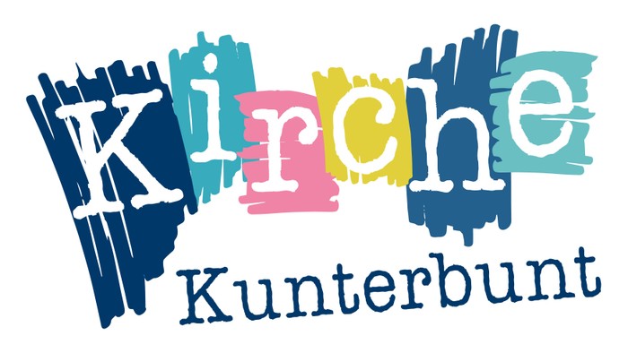 Bunter und kreativer Schriftzug mit den Wörtern Kirche und Kunterbunt