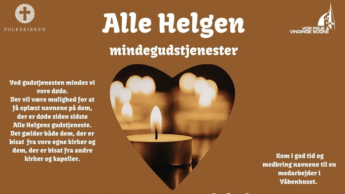 Mindehøjtidelighedsannoncering for Allehelgensdag i Ny Vor Frue Kirke med lysende hjertebilleder.