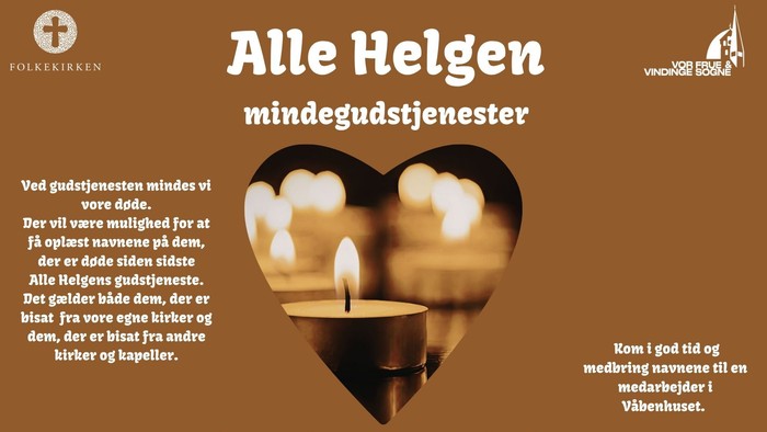 Plakat til mindehøjtid i kirken på Allehelgensdag i Vindinge Kirke med lyshjerter og tekst på norsk.