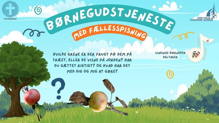 Børnegudstjenesteplakat med interaktivt spil om frugter og træer, afholdt udendørs den 29. september.