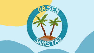 „Oasen-Samstag-Logo mit zwei Palmen auf einer tropischen Insel vor einem sonnigen Himmel.“