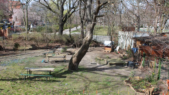 Ein unordentlicher Garten mit Bäumen, Steinen und Gerümpel.