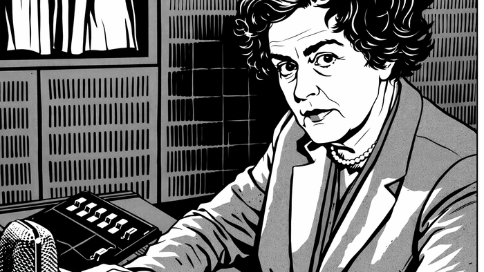 Eine konzentrierte Frau bedient alte Rundfunkgeräte in einem Studio.