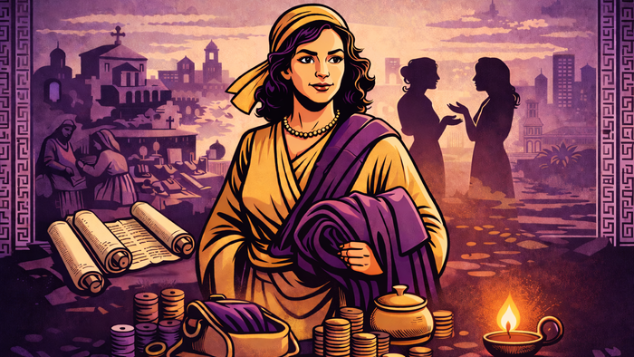 Eine stilisierte, illustrativ gestaltete Szene zeigt eine Frau im antiken Gewand, die im Zentrum des Bildes steht. Sie trägt ein gelb-violettes Kleid und hält einen gefalteten Stoff in den Händen – vermutlich ein wertvolles Tuch. Ihr Auftreten wirkt selbs