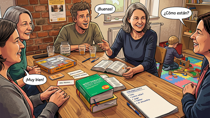 Mehrere Erwachsene sitzen an einem Tisch in einem gemütlichen Raum und unterhalten sich auf Spanisch. Auf dem Tisch liegen ein Wörterbuch, ein Vokabelheft, Karten mit einfachen Redewendungen sowie Getränke. Sprechblasen mit spanischen Begrüßungen wie „¡Bu