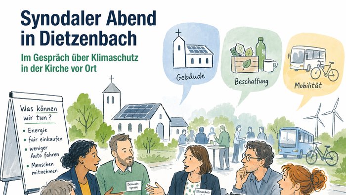 Illustration eines synodalen Abends: Mehrere Menschen sitzen an einem runden Tisch und diskutieren engagiert über Klimaschutz in der Kirche. Auf einem Flipchart stehen Stichworte wie Energie, fair einkaufen, weniger Auto fahren und Menschen mitnehmen. Im 