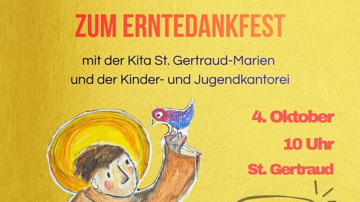 Einladungsplakat mit der Figur eines Mönchs, dem heiligen Franziskus, sowie mehreren Tieren.