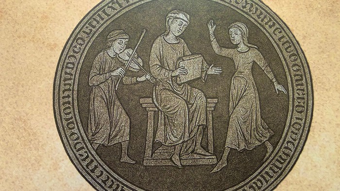 Mittelalterliche Illustration, die Musiker und einen Gelehrten in einem runden Siegel mit lateinischer Inschrift darstellt.