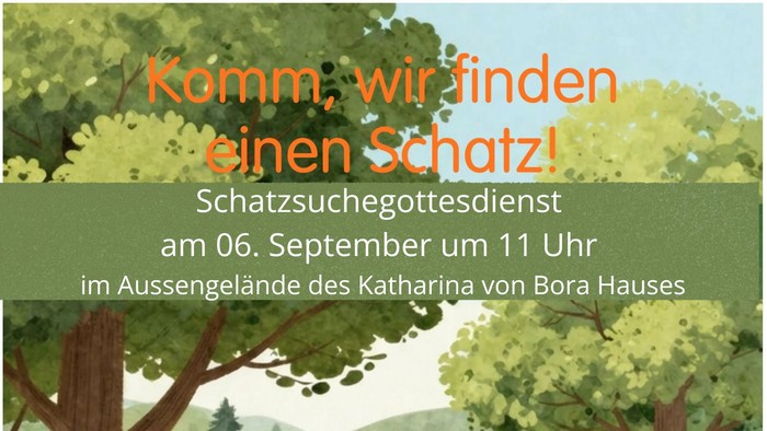 Familienfreundliche Schatzsuche-Gottesdienstveranstaltung in einem malerischen Park am 6. September um 11 Uhr.