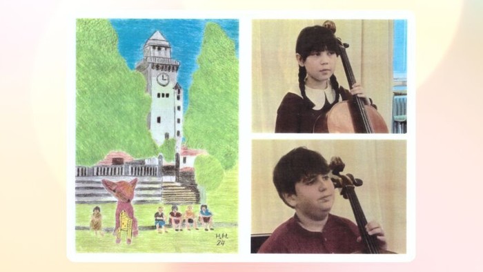Zeichnung mit Turm und Fuchs auf dem Ludolfinger Platz Frohnau, daneben Fotos von zwei Kindern mit Cello
