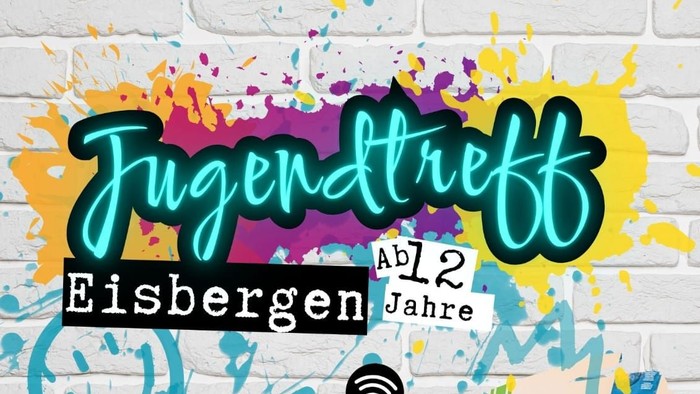 Ein lebendiges Jugendtreff-Plakat für Eisbergens „Jugendtreff“ mit Gaming-, Chill- und WLAN-Bereichen, geöffnet freitags von 18 bis 21 Uhr.