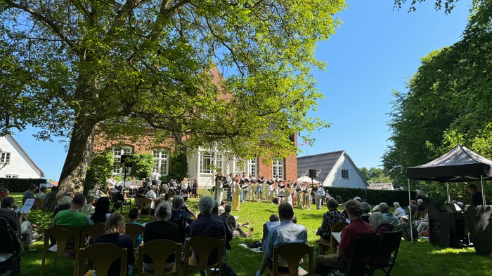 En gruppe af mennesker sidder på stolestuer på en grøn plads under et træ, med en stor bygning i baggrunden.