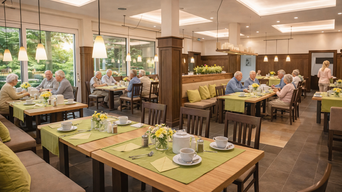 Menschen erleben Begegnung bei einem Café im Restaurant des ParkHotel Fulda.