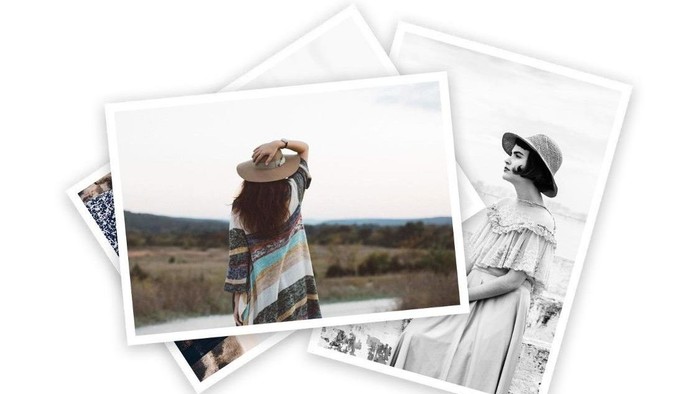 Vintage-Stil-Fotos mit Frauen in bohemienhafter und klassischer Kleidung mit breitkrempigen Hüten vor malerischen Kulissen.