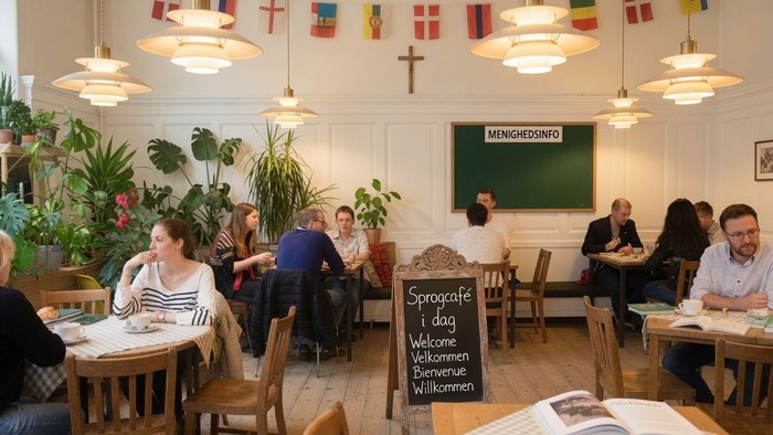 Et hyggeligt café med folk, der snakker sammen, pyntet med flag og et indbydende kridttavleskilt på flere sprog.