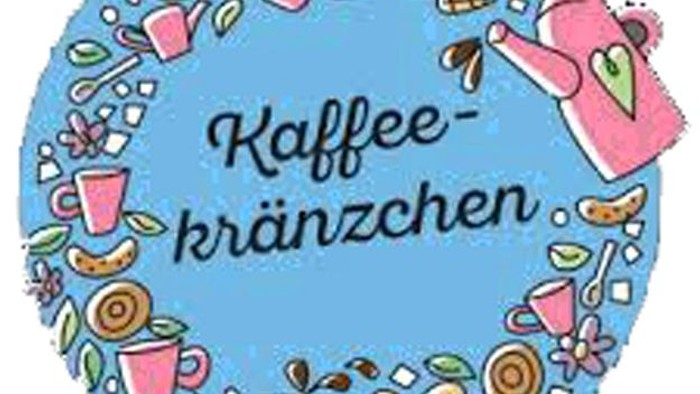 Illustriertes Abzeichen mit „Kaffeekränzchen“, Kaffeetassen, Gebäck und einer gemütlichen Teekanne, umgeben von floralen Mustern.