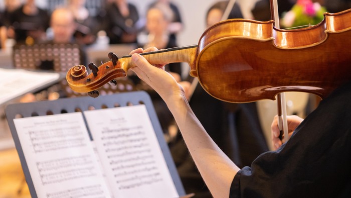 Das Bild zeigt eine Violinistin vor einem Notenstände mit Noten
