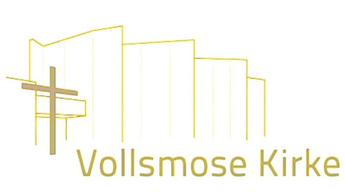 Logo for Vollsmose Kirke med en kirkesilhuet med et kors, designet i gult og brunt.
