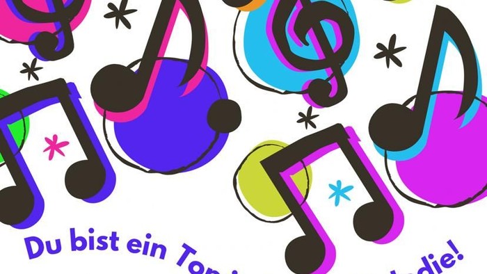 Bunte Noten und Sterne mit dem Text