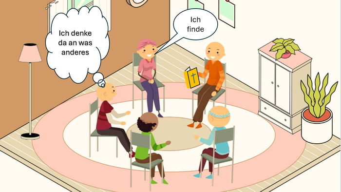 Eine Gruppe diskutiert Ideen in einer Therapiesitzung, wobei eine Person einen abweichenden Standpunkt vertritt.